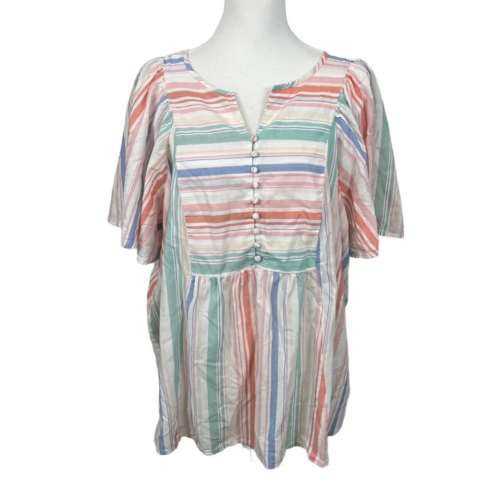 Terra & Sky Knit Top Blouse Plus Size 2X Striped V Neck 100% Cotton Multicolored